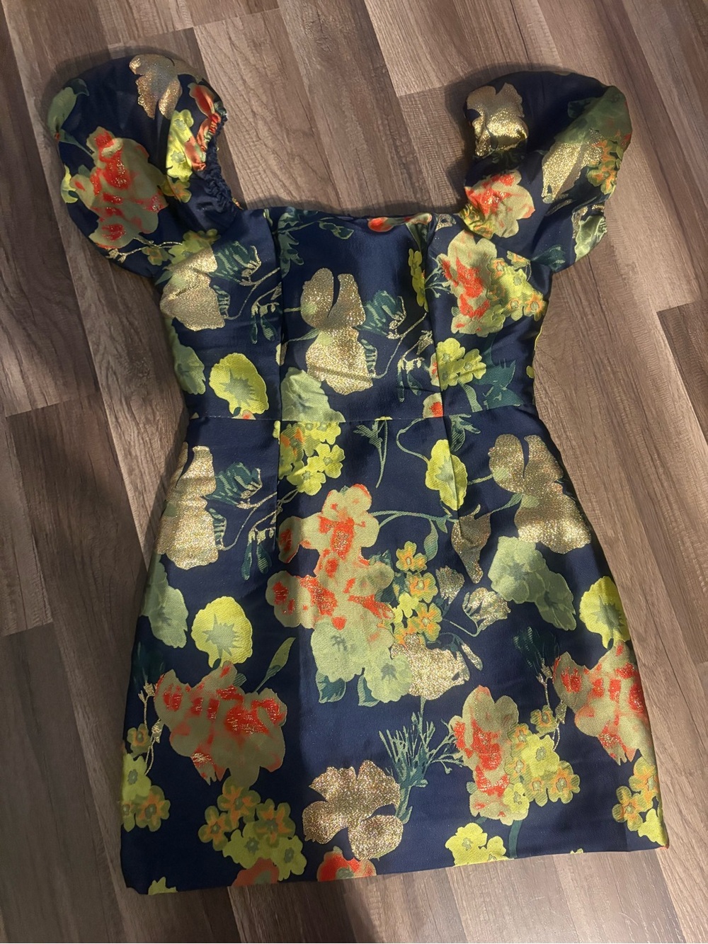 Lulus Navy Floral Puff-Sleeve Dress with Gold Accents